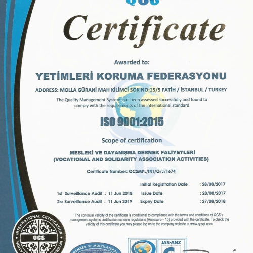 Yetim Bakım Birliği Uluslararası ISO 9001:2015 Sertifikasını Aldı